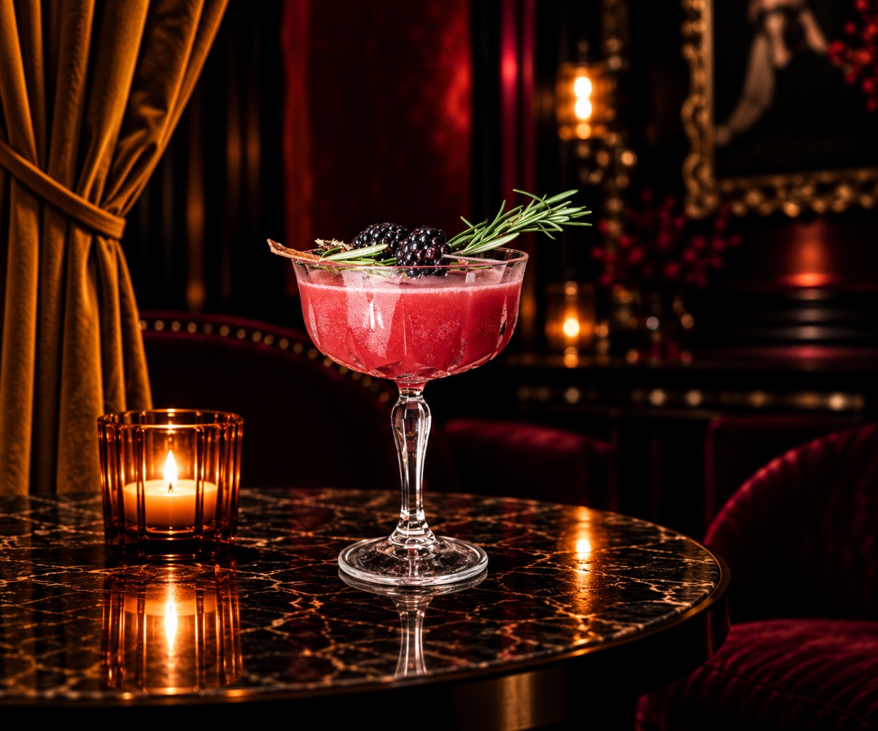 A Bad Rabbit cocktail, shot dark and close on marble.
